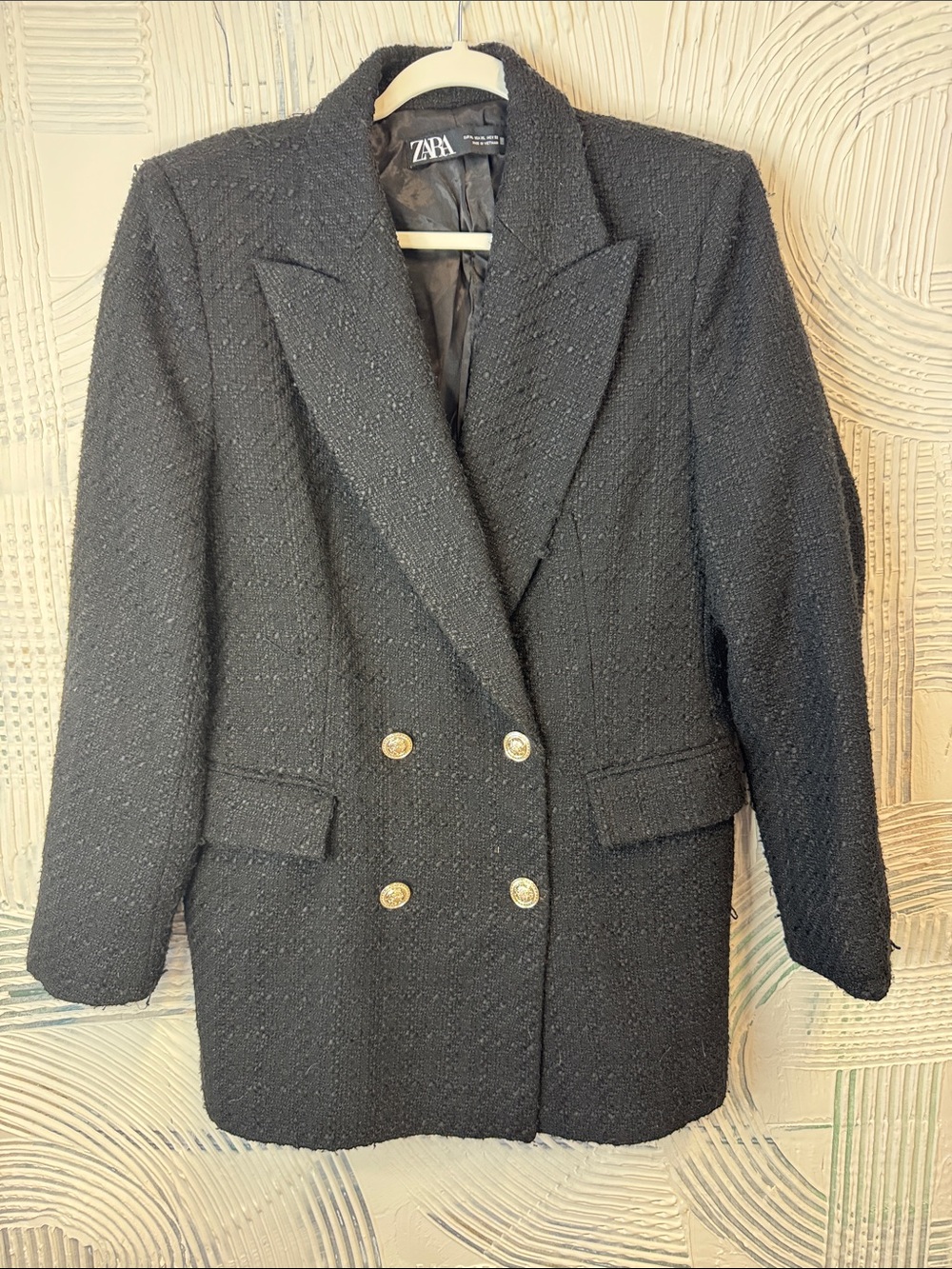 Zara Black Tweed Double-Breasted Blazer with Gold Buttons
